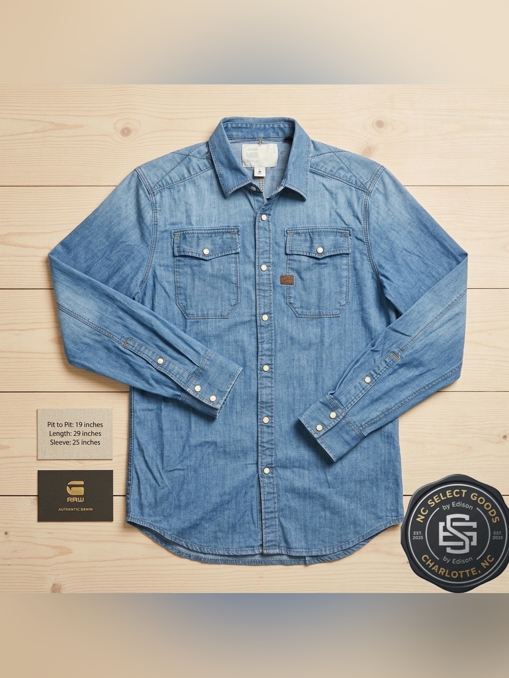 G-Star RAW Landoh Denim Shirt Slim Fit Light Blue Western Snap Men’s Size SMALL